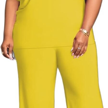 Womens Plus Size Lounge Set V-Neck 2 Piece Outfits Sweatsuits Tracksuit Short Sleeve Baggy Wide Leg Pant Sets