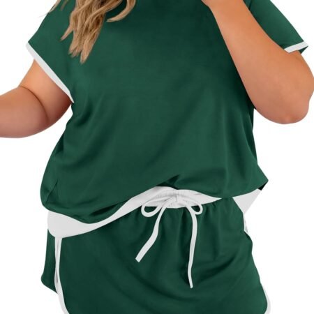 Womens Plus Size 2 Piece Shorts Set Summer Short Sleeve Color Block Shirts and Skort Casual Matching Sets