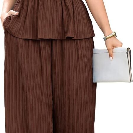 Women's Plus Size 2 Piece Outfit Milkmaid Peplum Tops Shirt and Wide Leg Pants Vacation Set