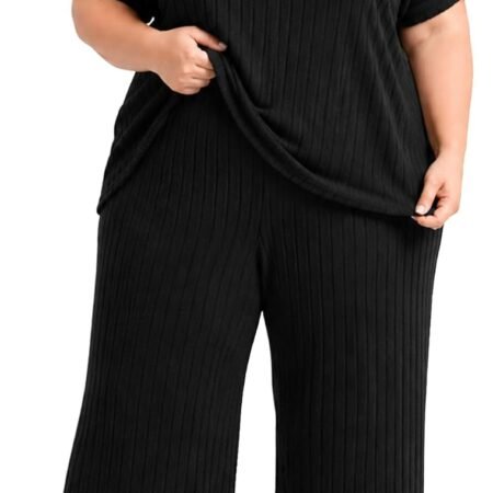 Plus Size Two Piece Summer Lounge Sets For Women Ribbed Matching Pajama Short Sleeve Tops Wide Leg Pants Outfits