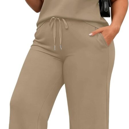 Plus Size 2 Piece Sets Women Casual Lounge Sets Matching Travel Outfits Short Sleeve Tops Ankle Length Wide Leg Pants
