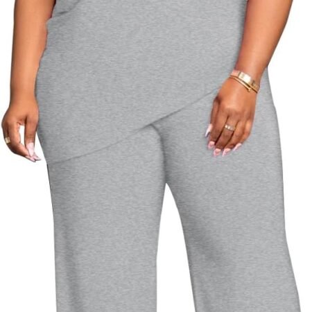 Womens Plus Size Two Piece Outfits Sweatsuits Casual Tracksuit Short Sleeve Loose Baggy Wide Leg Long Pants Sets