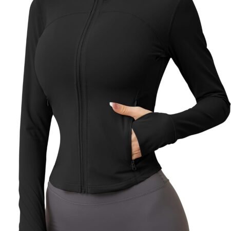 Womens Zip Up Workout Jackets Lightweight Athletic Slim Fit Track Jacket with Inner and Outer Pockets and Thumb Holes