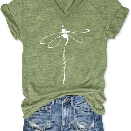 Women's T-Shirts V-Neck Dragonfly Tee Cute Summer Graphic Shirts Vintage Boho Flowers Short Sleeve T Shirt
