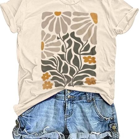 Women's Vintage Floral T Shirt Boho Wildflower Graphic Loose Tees Short Sleeve Casual Tops