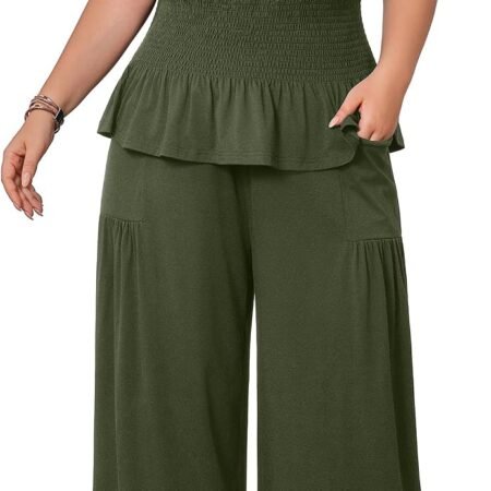 Plus Size 2 Piece Outfits for Women Smocked Top Wide Leg Pants Set Casual Lounge Matching Set with Pockets