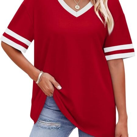 Womens T Shirts Loose Fit Short Sleeve Tees V Neck Color Block Summer Tops  Fashion S-4XL