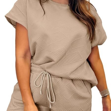 Women Plus Size 2 Piece Outfits Sweatsuit Short Sleeve Pullover Tops and Drawstring Shorts Pants