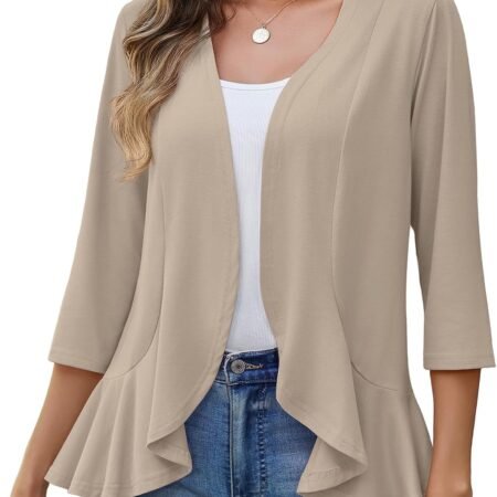 Women's 2026 Summer 3/4 Sleeve Lightweight Cardigans Open Front Draped Ruffles Kimono Coverups