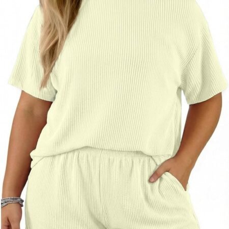 Plus Size Two Piece Sets for Women Short Sleeve Shirts High Waisted Shorts Pajamas Lounge Matching Set