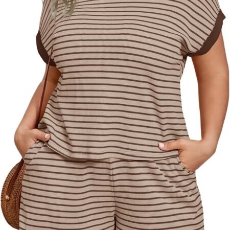 Womens Plus Size Lounge Set 2 Piece Outfits Stripe Short Sleeve Shirts Tops Shorts Summer Casual Loungewear