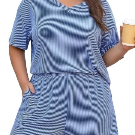 Women's 2 Piece Plus Size Short Sets Ribbed Textured Knit Short Sleeve Top and Shorts 2026 Summer Vacation Outfits