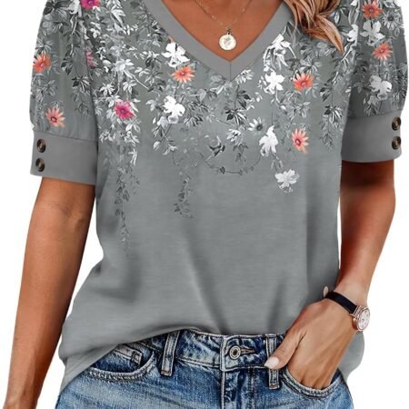 Womens Tops Short Sleeve Shirts Buttons V Neck Spring Fashion Summer Outfits Plus Size Blouses Dressy Casual