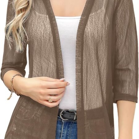Women Casual 3/4 Sleeve Sheer Open Front Cardigan Sweater Kimono