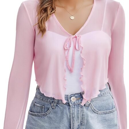 Womens Sheer Shrug Tie Front Long Bell Sleeve Mesh Bolero Lightweight Summer Casual Short Shawl Top